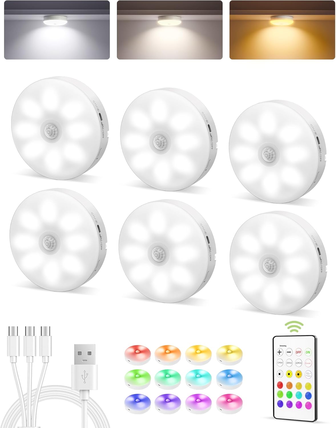 6 Pack White EZVALO 6-Pack Under Cabinet Lighting, Rechargeable Motion Sensor Puck Lights with Remote, 3 Color Temps &12 RGB Colors, Magnetic Stick on Light, Dimmable Under Counter Lights for Kitchen, Shelf, Stair
